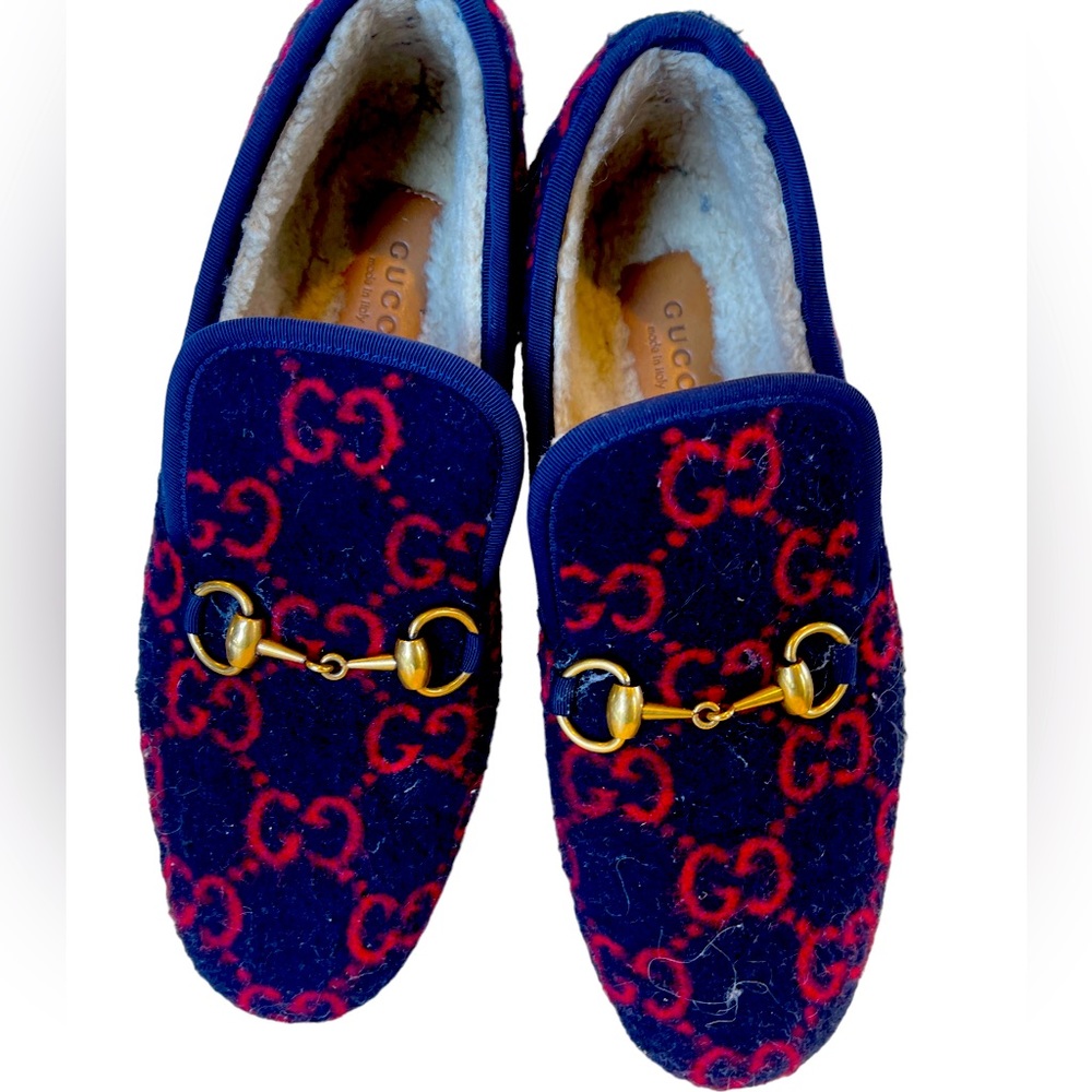 Gucci Fria GG Shearling Horsebit Loafers Navy/Red Wool Felt Size 38.5 (W 8-9)